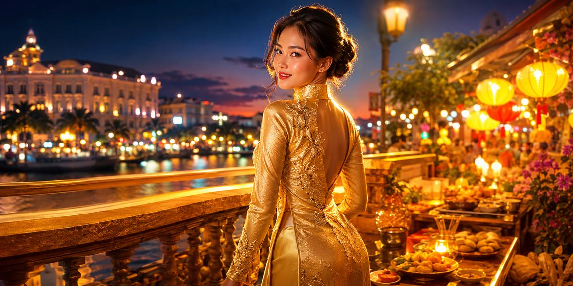 Quang cảnh một khu vực casino sang trọng tại Hà Nội với người mẫu mặc áo dài